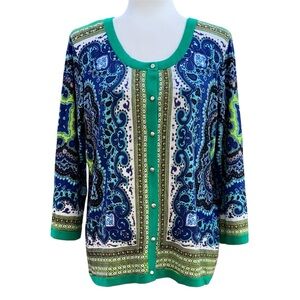 RED Blue and Green Paisley with Stud Detail Button-Up Cardigan Sweater ~ XL